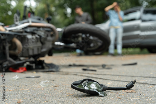 Damaged motorbike and car on the city road at the scene of an accident. Broken and wrecked motorcycle on road