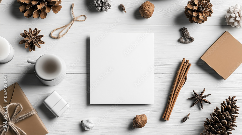 Blank card surrounded by autumn and winter elements like pinecones, cinnamon sticks, nuts, stars anise, and small gift boxes on a white wooden background. Blank card surrounded by autumn and winter elements like pinecones, cinnamon sticks, nuts, stars anise, and small gift boxes on a white wooden background.