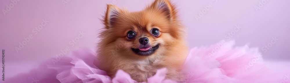 Adorable Pomeranian in a tutu on a pastel purple background, cute and playful Adorable Pomeranian in a tutu on a pastel purple background, cute and playful