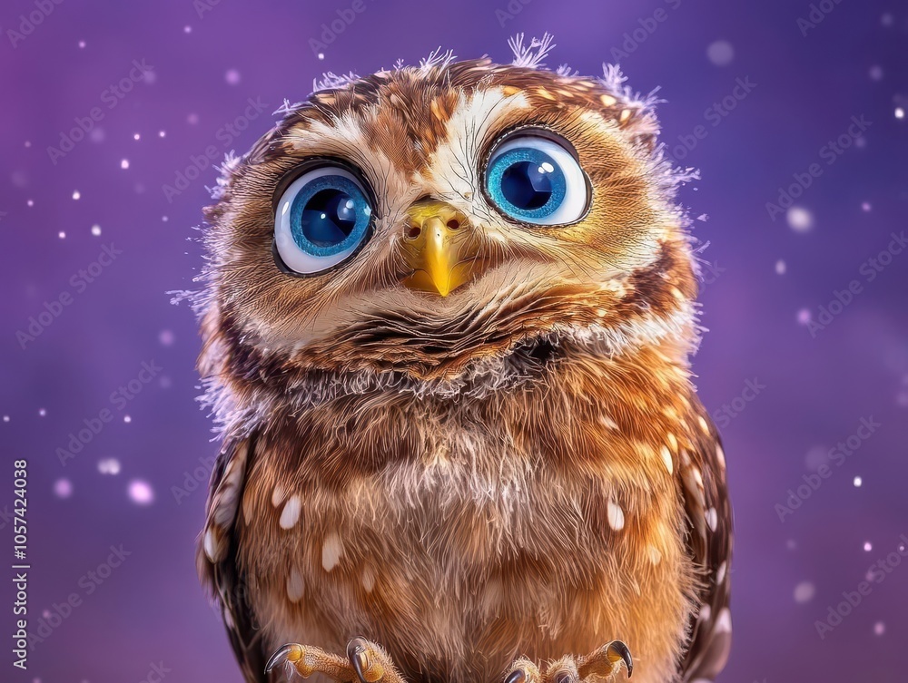 Adorable owl with a shocked face, wide eyes and fluffed feathers, against a purple background, vibrant and sweet Adorable owl with a shocked face, wide eyes and fluffed feathers, against a purple background, vibrant and sweet
