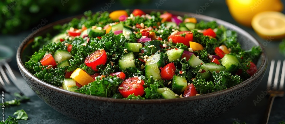 A vibrant kale salad with tomatoes, cucumbers, and colorful peppers in a serving bowl. A vibrant kale salad with tomatoes, cucumbers, and colorful peppers in a serving bowl.