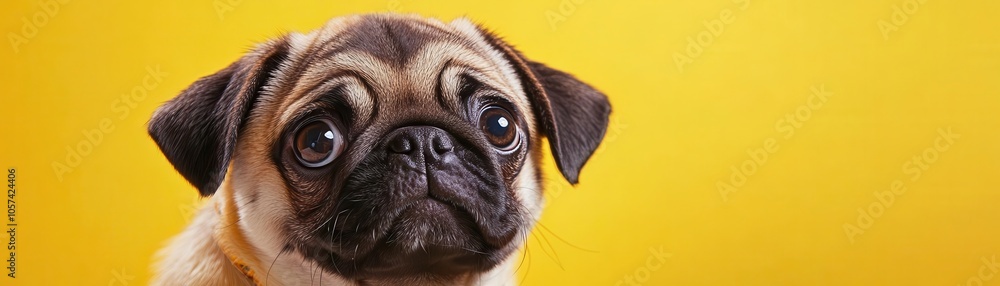 Adorable pug puppy with a wrinkly face on a solid yellow background, cute and comical Adorable pug puppy with a wrinkly face on a solid yellow background, cute and comical