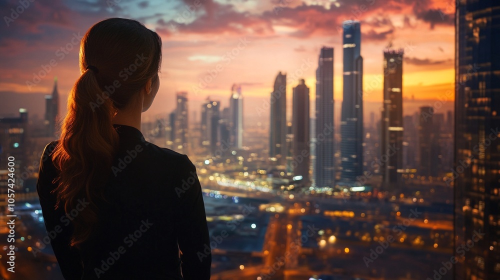 Silhouette of a woman gazing at a breathtaking cityscape during golden hour, with towering skyscrapers illuminated against a fiery sunset sky over Dubai. Silhouette of a woman gazing at a breathtaking cityscape during golden hour, with towering skyscrapers illuminated against a fiery sunset sky over Dubai.