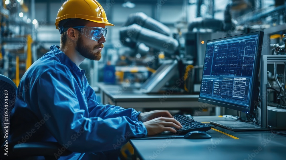 Engineer in coveralls working at computer with medical electronics data in a cleanroom factory Engineer in coveralls working at computer with medical electronics data in a cleanroom factory