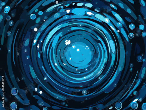 Abstract blue whirlpool with dynamic swirling patterns and bubbles.