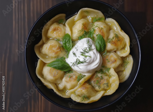 delicious traditional pelmeni dumplings in a black bowl topped with sour cream and fresh herbs on a dark wooden table