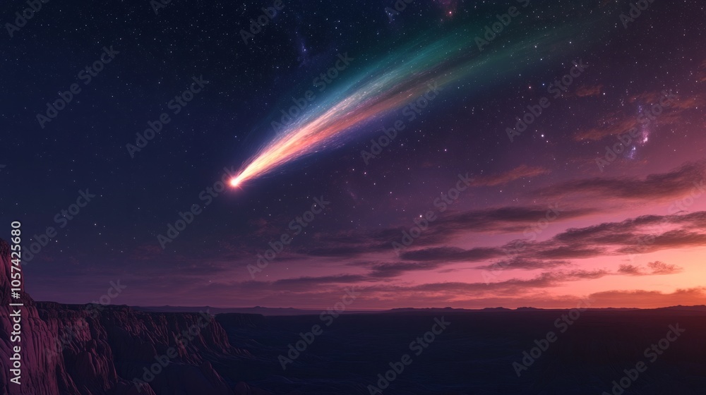 Fototapeta premium comet burning in the night sky over a distant planet, with colorful gas clouds generative ai