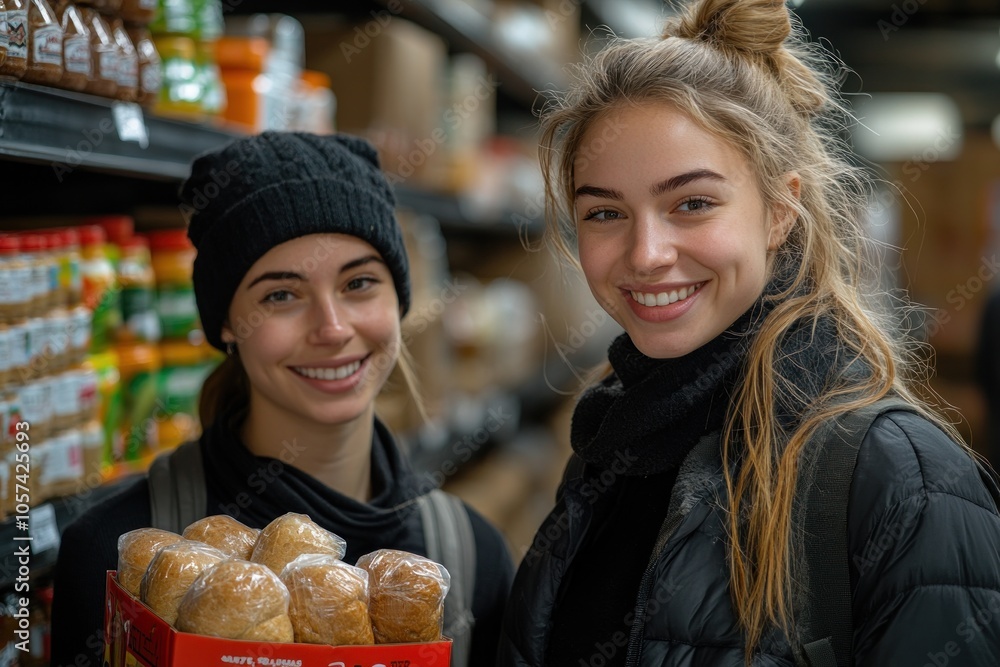 Two smiling young women holding a box of baked goods in a grocery store aisle. Two smiling young women holding a box of baked goods in a grocery store aisle.