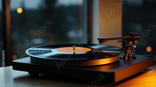 Old vinyl record on turntable with soft light creating warm ambiance