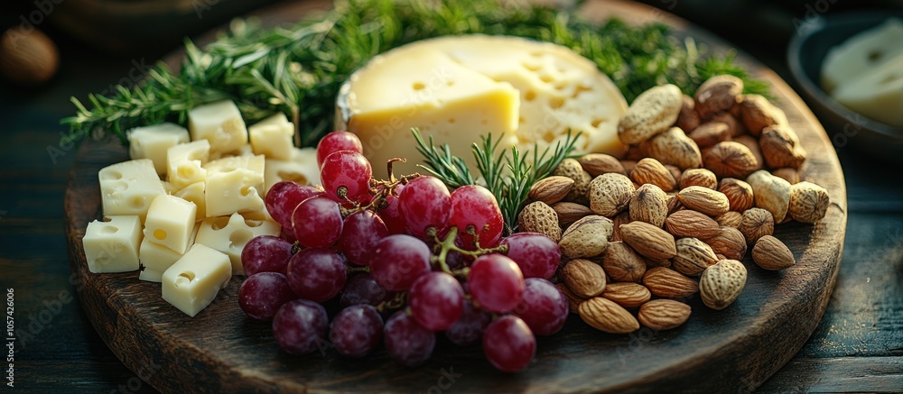 A cheese platter featuring grapes, nuts, and herbs for a delightful snack or gathering. A cheese platter featuring grapes, nuts, and herbs for a delightful snack or gathering.