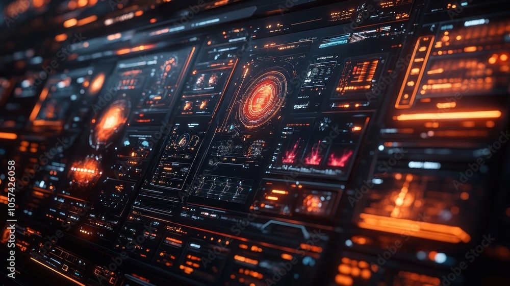 Futuristic interface with glowing panels and data visualizations. Futuristic interface with glowing panels and data visualizations.