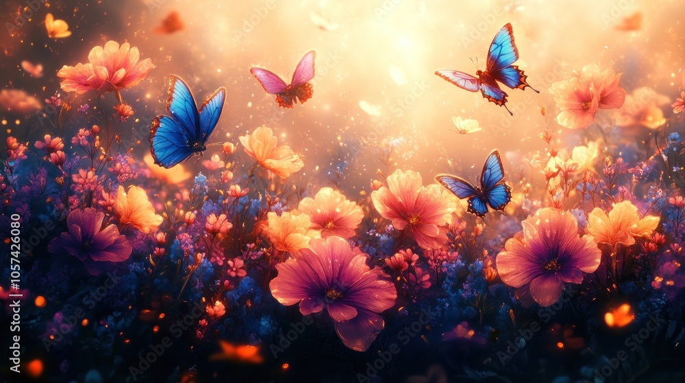 A vibrant scene of flowers and butterflies in a dreamy, illuminated landscape. A vibrant scene of flowers and butterflies in a dreamy, illuminated landscape.