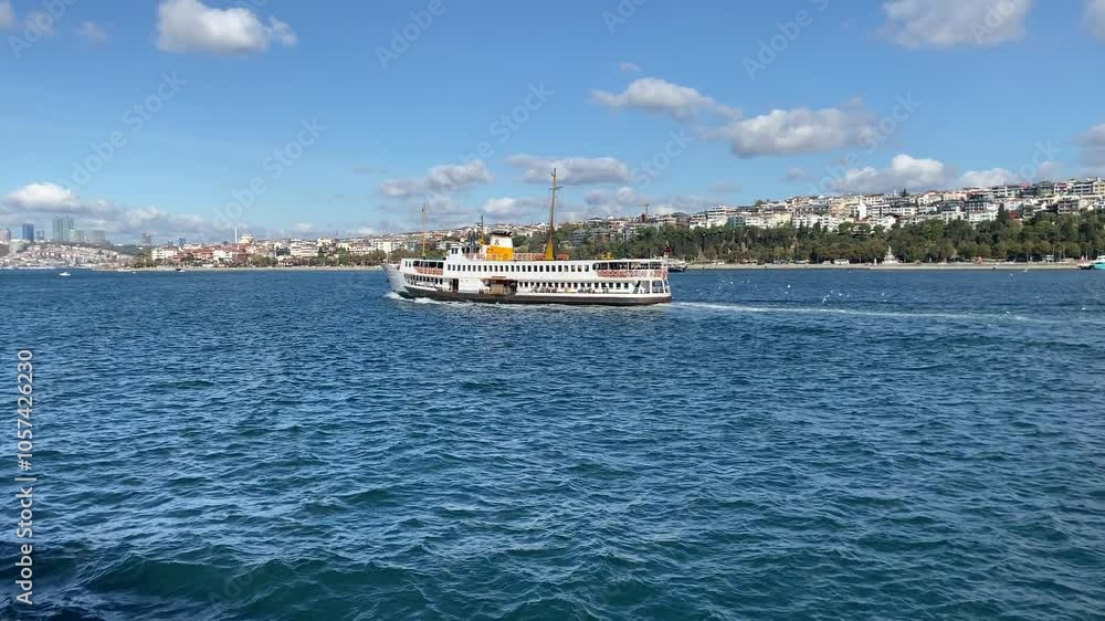 Istanbul Turkey, 24 October 2024: A scenic view of a traditional Turkish ferry cruising the Bosphorus with Istanbul's coastline in the background. Istanbul Turkey, 24 October 2024: A scenic view of a traditional Turkish ferry cruising the Bosphorus with Istanbul's coastline in the background.