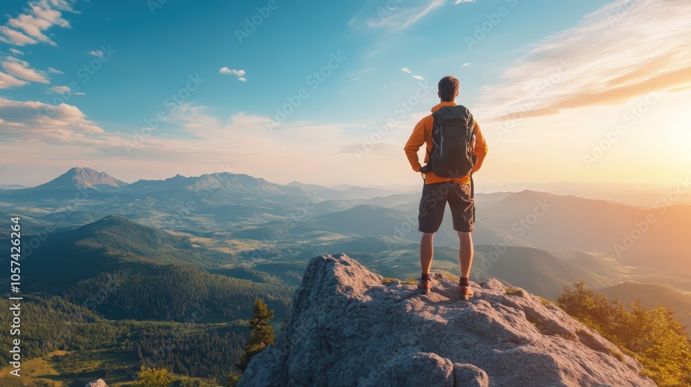 Fototapeta premium Mountaineer with backpack on top of mountain, travel, mountaineering concept 