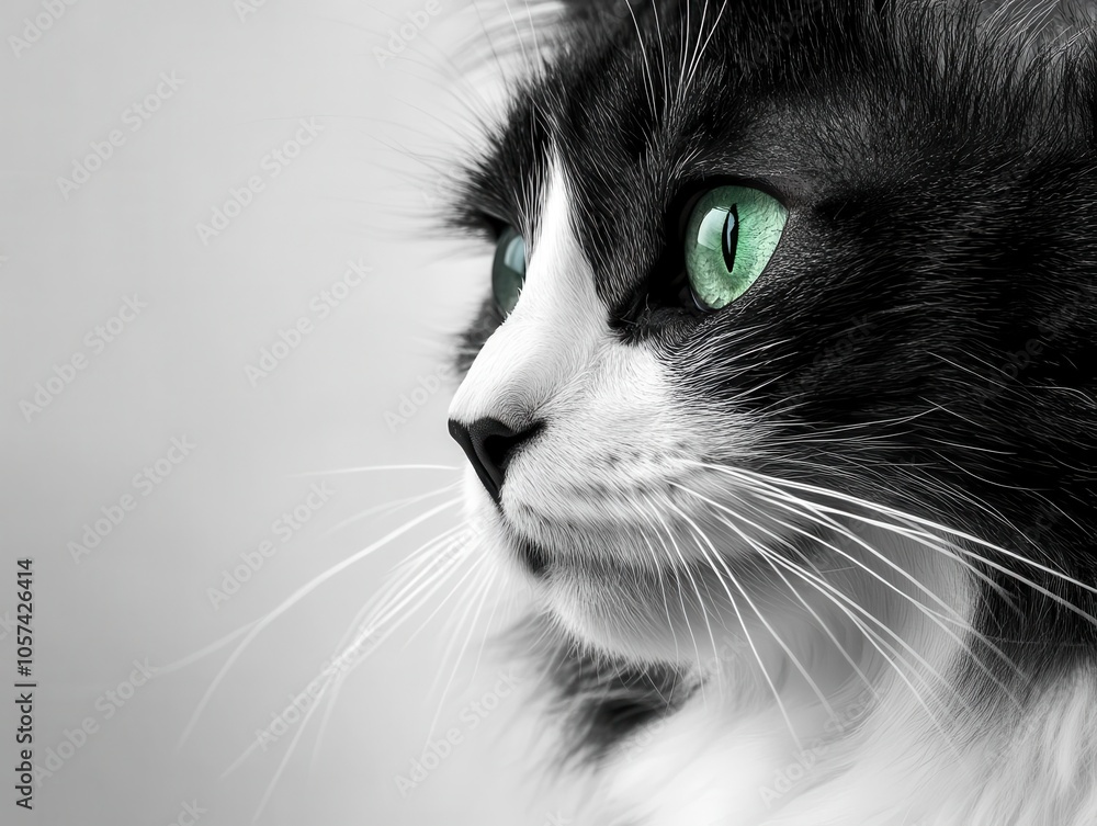 Black and white tuxedo cat with bright green eyes on a solid white background, sharp and striking Black and white tuxedo cat with bright green eyes on a solid white background, sharp and striking