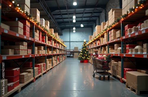 A Christmas-themed warehouse aisle with shelves full of supplies, adorned with garlands and festive lights