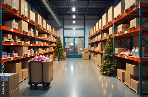 A Christmas-themed warehouse aisle with shelves full of supplies, adorned with garlands and festive lights