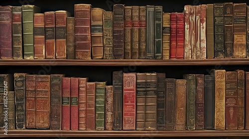 A close-up of vintage books on a wooden shelf, showcasing their intricate bindings and textures. photo