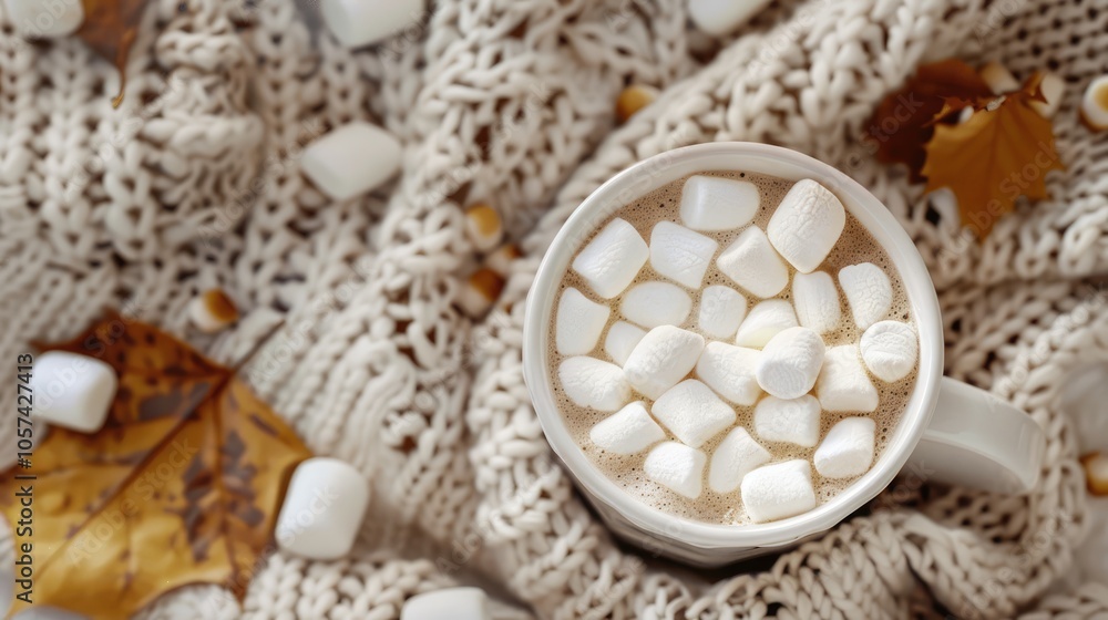 Hot cocoa mug with marshmallows, comfy sweater, and cozy decor for autumn hygge vibes in a flat lay banner. Hot cocoa mug with marshmallows, comfy sweater, and cozy decor for autumn hygge vibes in a flat lay banner.