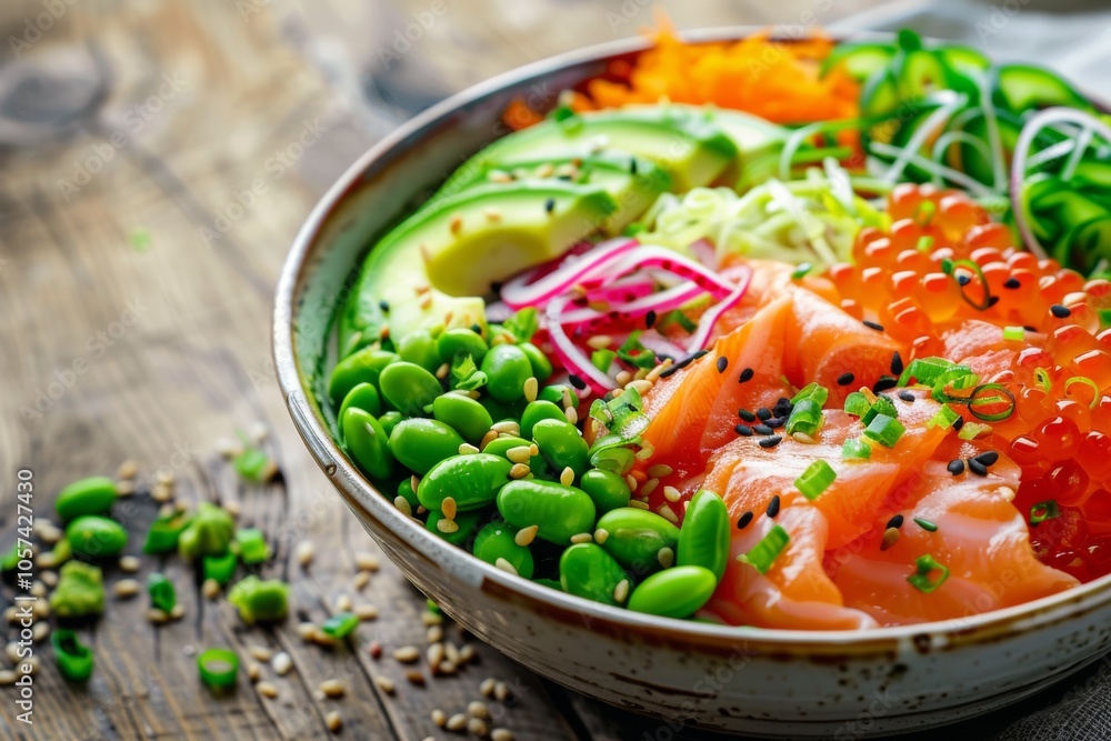Fresh salmon poke bowl with colorful vegetables Fresh salmon poke bowl with colorful vegetables