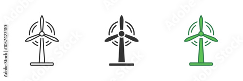 Wind Turbine Line and Silhouette Icon Set. Renewable Wind Energy Generator Symbol. Wind Power Turbine Sign. Editable Stroke. Isolated Vector Illustration