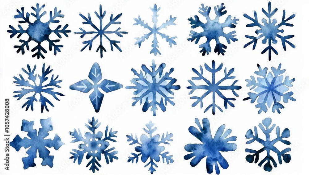 Set of Simple Blue Watercolor Snowflakes on White Background Set of Simple Blue Watercolor Snowflakes on White Background