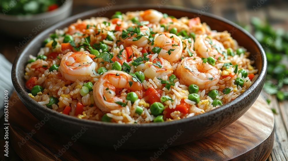 A bowl of shrimp fried rice garnished with vegetables and herbs, ready to be served. A bowl of shrimp fried rice garnished with vegetables and herbs, ready to be served.