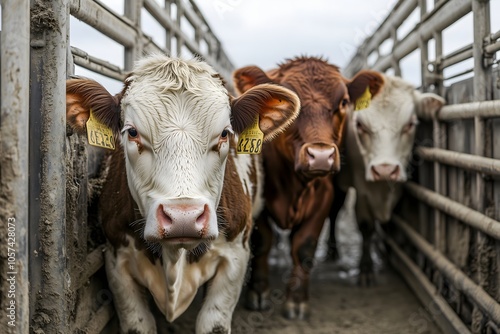 Row of dairy cows looking through barn stalls with numbered tags, modern cattle farming and livestock breeding concept
 photo