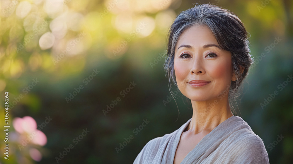 beautiful woman with gray hair smiling in a park