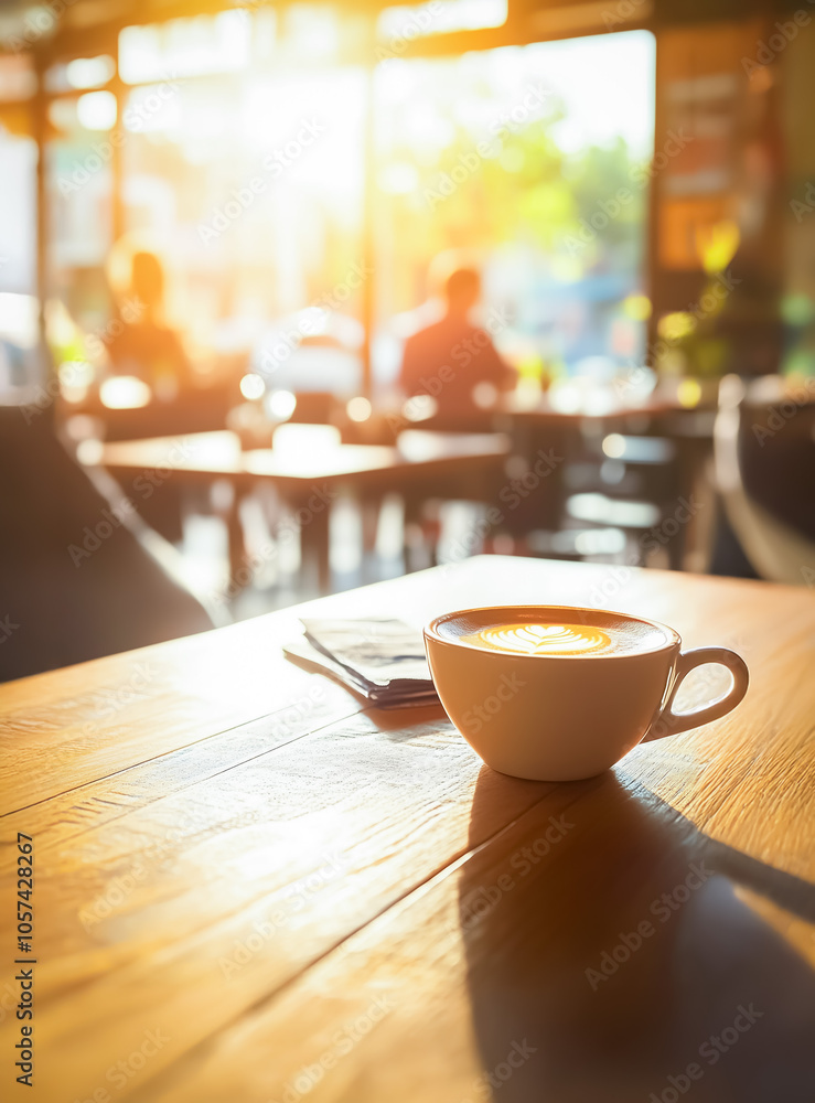 Warm and inviting coffee cup on a wooden table in a cozy cafe, with sunlight streaming through large windows, creating a relaxed ambiance for enjoying a hot beverage. Warm and inviting coffee cup on a wooden table in a cozy cafe, with sunlight streaming through large windows, creating a relaxed ambiance for enjoying a hot beverage.