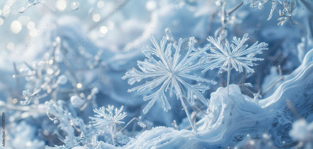 Detailed Ice Crystals and Snowflakes on a Cold Blue Winter Background Detailed Ice Crystals and Snowflakes on a Cold Blue Winter Background