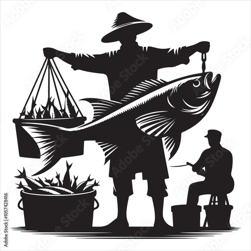Black colour Silhouette of a fish seller holding a large fish