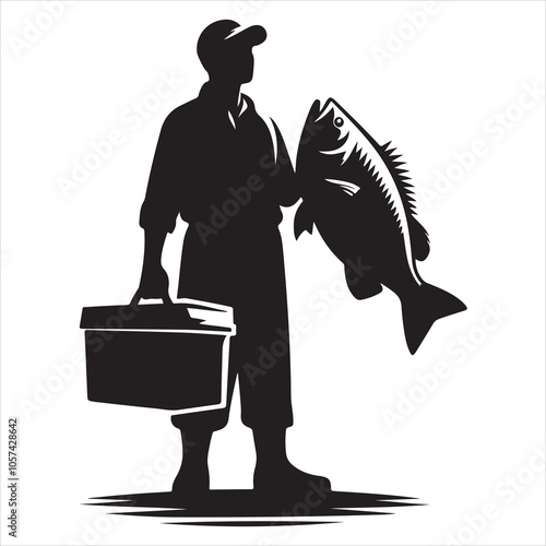 Black colour Silhouette of a fish seller holding a large fish