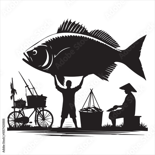 Black colour Silhouette of a fish seller holding a large fish