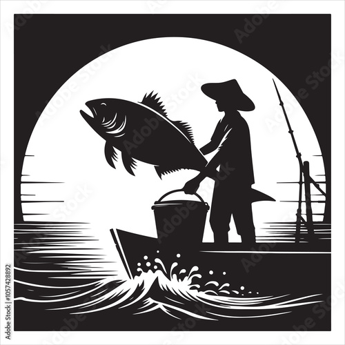 Black colour Silhouette of a fish seller holding a large fish