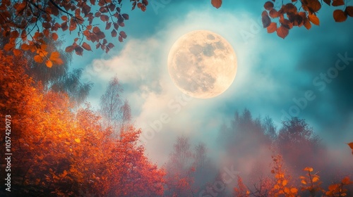 full moon in early autumn, shining through misty clouds over a dense forest generative ai photo