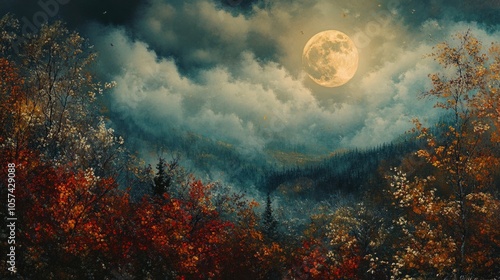 full moon in early autumn, shining through misty clouds over a dense forest generative ai photo