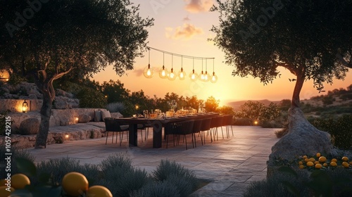 Warm sunset photo of a luxurious retreat in Mallorca with olive groves, lemon trees, and a candle-lit dining table under festoon lights. photo