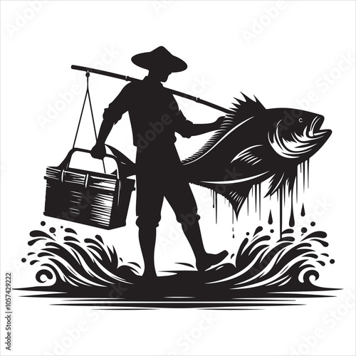 Black colour Silhouette of a fish seller holding a large fish