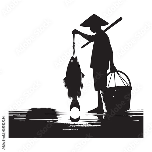 Black colour Silhouette of a fish seller holding a large fish