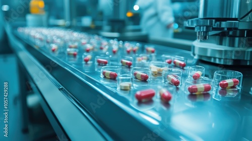 Modern pharmaceutical lab with high-tech machines manufacturing tablets for healthcare