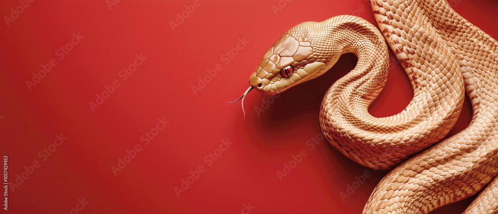 Close-up of a striking golden snake on a vibrant red background Close-up of a striking golden snake on a vibrant red background