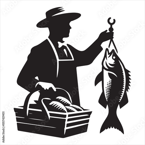 Black colour Silhouette of a fish seller holding a large fish