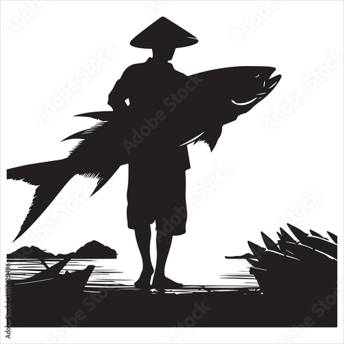 Black colour Silhouette of a fish seller holding a large fish