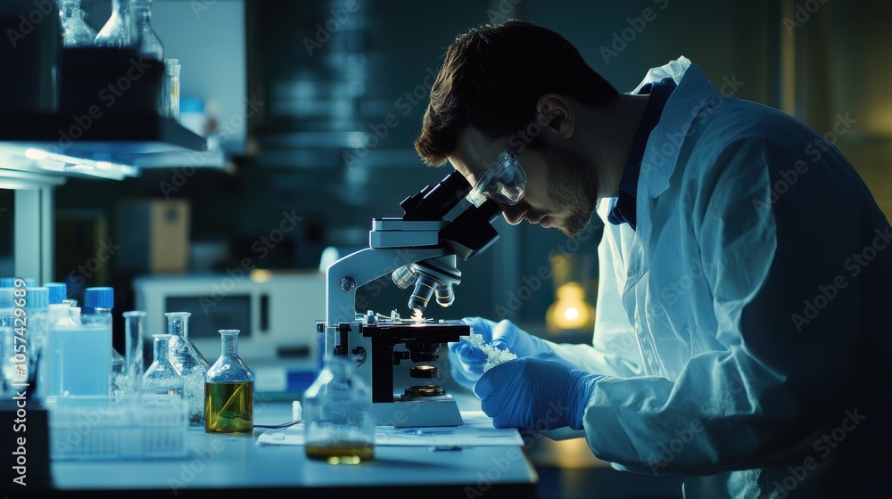 Scientist in a lab studying flu virus samples under a microscope Scientist in a lab studying flu virus samples under a microscope