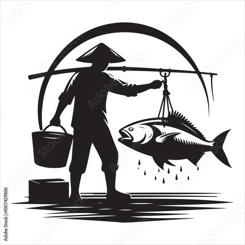 Black colour Silhouette of a fish seller holding a large fish