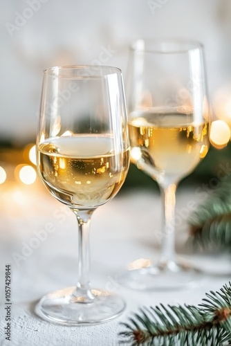 Champagne glasses on the table and New Year's decorations. Selective focus