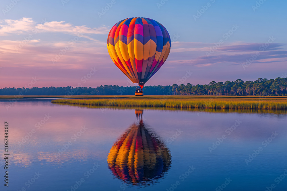 Fototapeta premium Colorful hot air balloons flying over mountain, Hot air balloon above high mountain at sunrise or sunset.