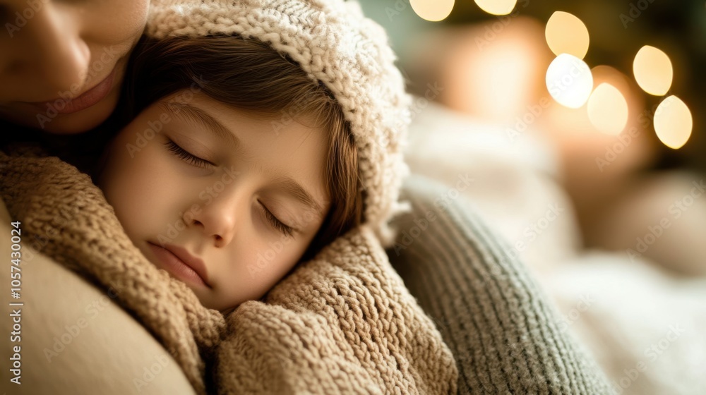 Sick child being treated for flu at home, warm lighting Sick child being treated for flu at home, warm lighting