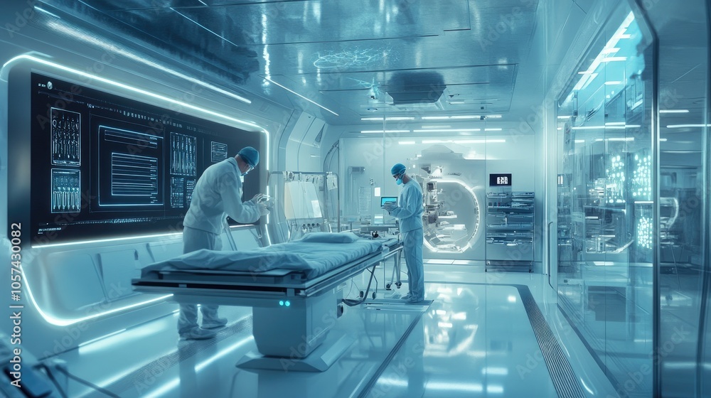 Research lab with cleanroom environment, tech engineer monitoring medical electronics system Research lab with cleanroom environment, tech engineer monitoring medical electronics system